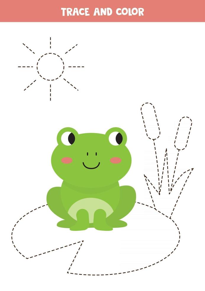 Tracing-Linien mit Frosch, der im Teich sitzt. Handschriftübungen für Kinder. vektor