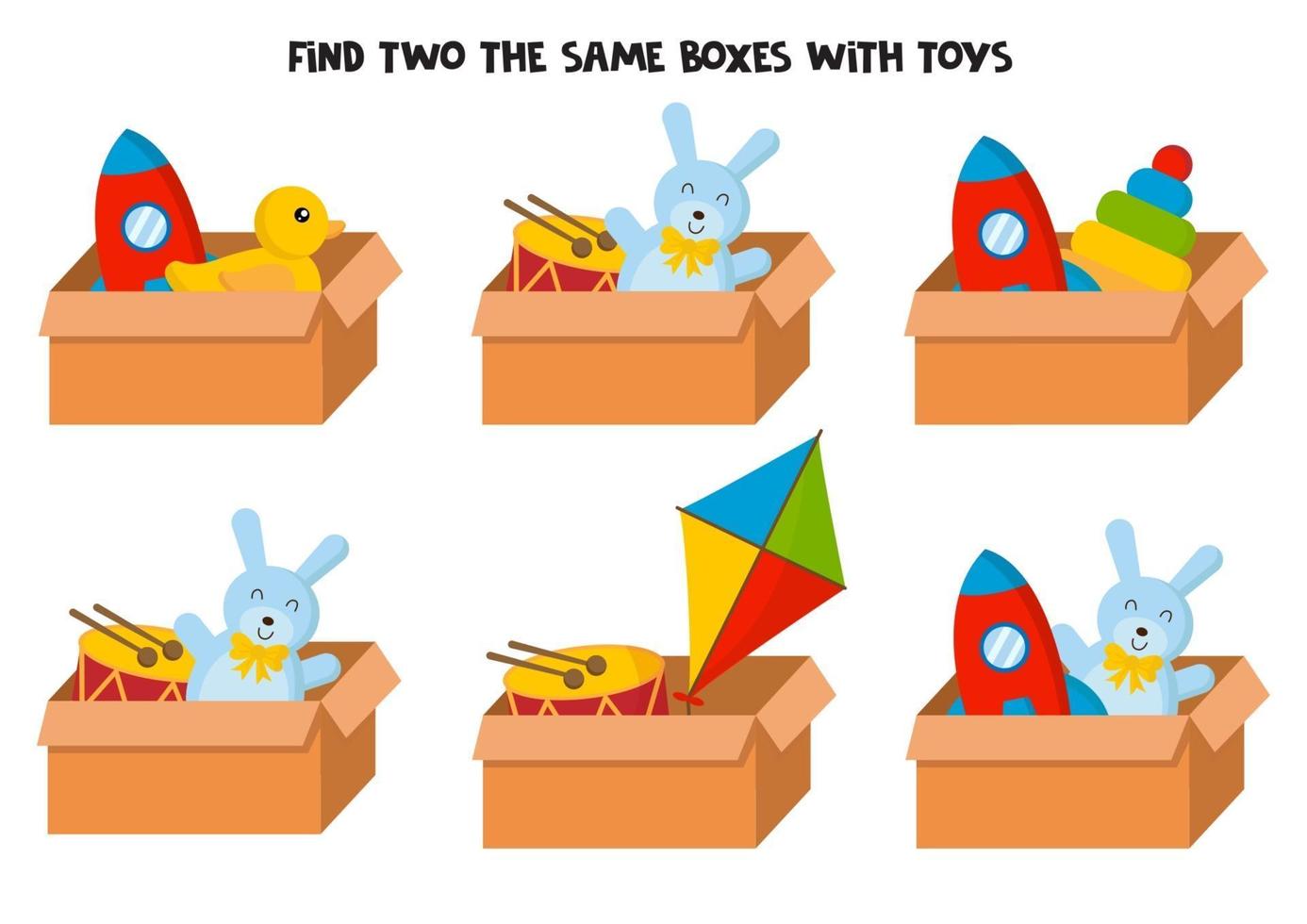 hitta två samma lådor med färgglada leksaker. vektor