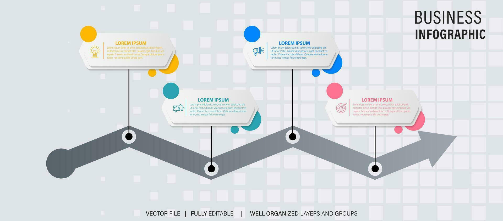 Zeitleiste Infografik mit Infodiagramm. modern Präsentation Vorlage mit 4 spets zum Geschäft Verfahren. Webseite Vorlage auf Weiß Hintergrund zum Konzept modern Design. horizontal Layout. vektor