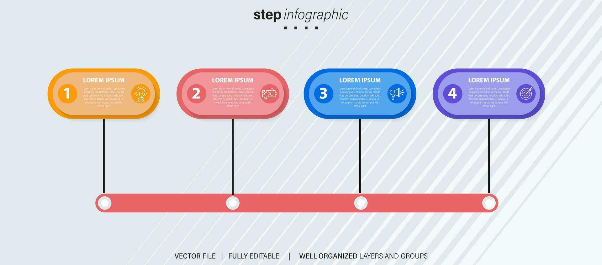 tidslinje infographic med infodiagram. modern presentation mall med 4 spets för företag bearbeta. hemsida mall på vit bakgrund för begrepp modern design. horisontell layout. vektor