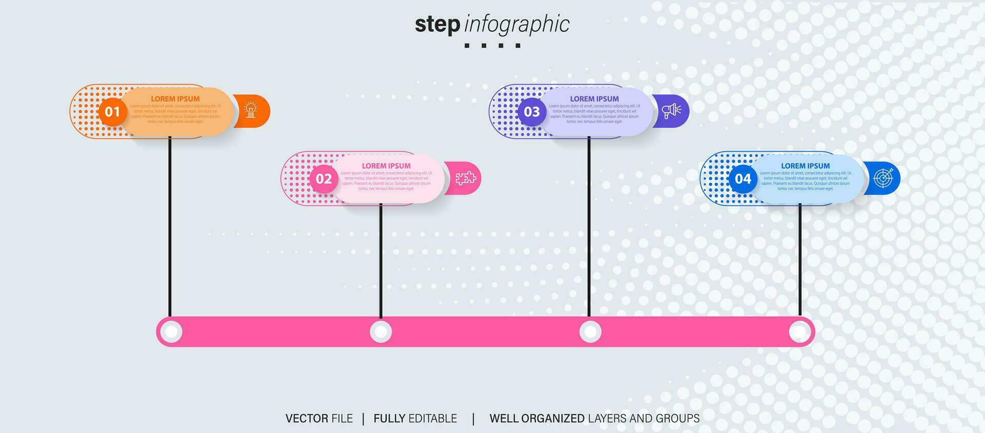 Zeitleiste Infografik mit Infodiagramm. modern Präsentation Vorlage mit 4 spets zum Geschäft Verfahren. Webseite Vorlage auf Weiß Hintergrund zum Konzept modern Design. horizontal Layout. vektor