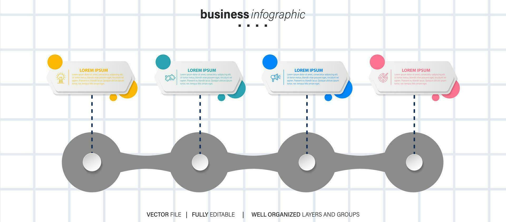 tidslinje infographic med infodiagram. modern presentation mall med 4 spets för företag bearbeta. hemsida mall på vit bakgrund för begrepp modern design. horisontell layout. vektor