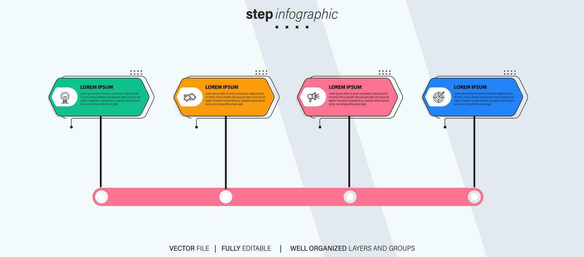 tidslinje infographic med infodiagram. modern presentation mall med 4 spets för företag bearbeta. hemsida mall på vit bakgrund för begrepp modern design. horisontell layout. vektor