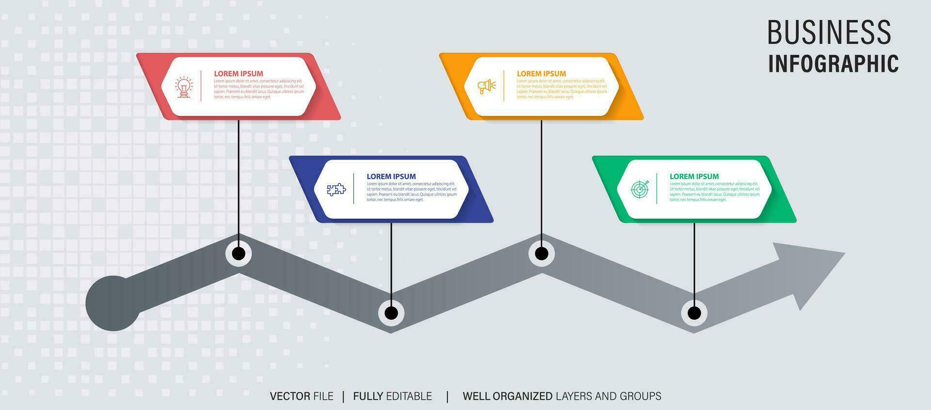 Zeitleiste Infografik mit Infodiagramm. modern Präsentation Vorlage mit 4 spets zum Geschäft Verfahren. Webseite Vorlage auf Weiß Hintergrund zum Konzept modern Design. horizontal Layout. vektor