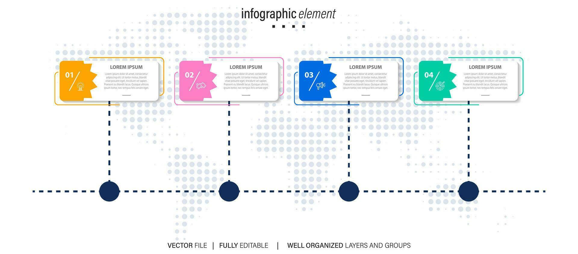 Vektor Infografik Vorlage mit Etikett, integriert Taste. Geschäft Konzept mit 4 Optionen. zum Inhalt, Diagramm, Flussdiagramm, Schritte, Teile, Zeitleiste Infografiken, Arbeitsablauf, Diagramm.