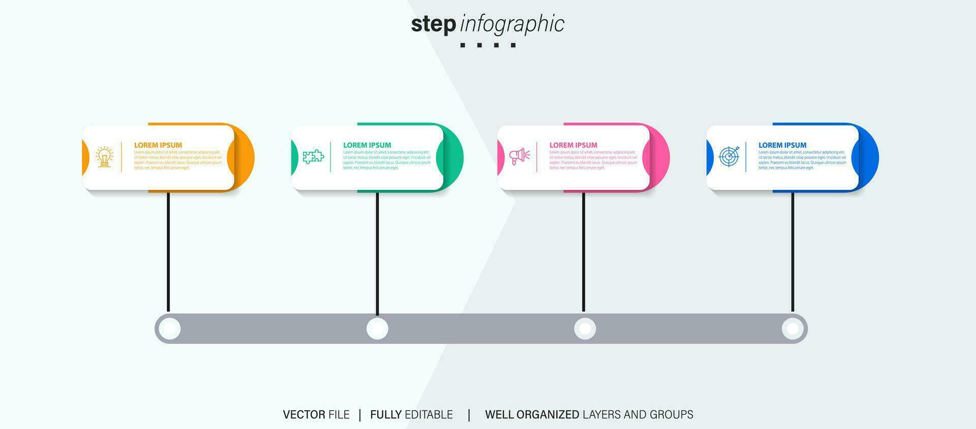 Vektor Infografik eben Vorlage Kreise zum vier Etikett, Diagramm, Graph, Präsentation. Geschäft Konzept mit 4 Optionen. zum Inhalt, Flussdiagramm, Schritte, Zeitleiste, Arbeitsablauf, Marketing. eps10