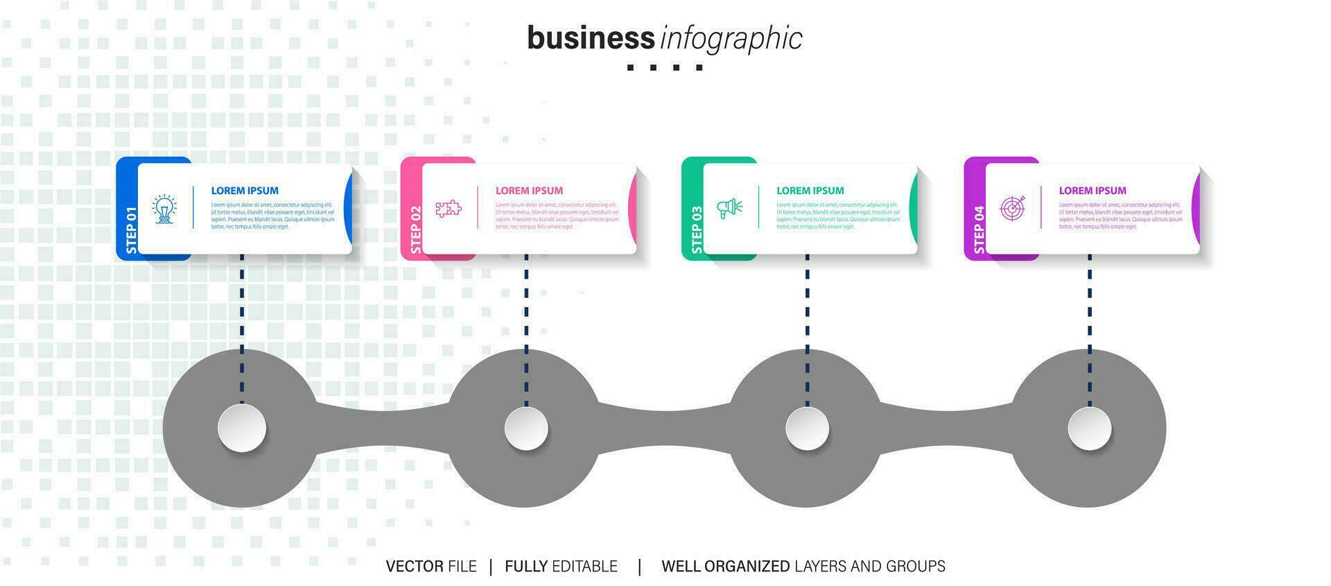 infographics design mall, företag begrepp med 4 steg eller alternativ, kan vara Begagnade för arbetsflöde layout, diagram, årlig Rapportera, webb design.kreativ baner, märka vektor. vektor