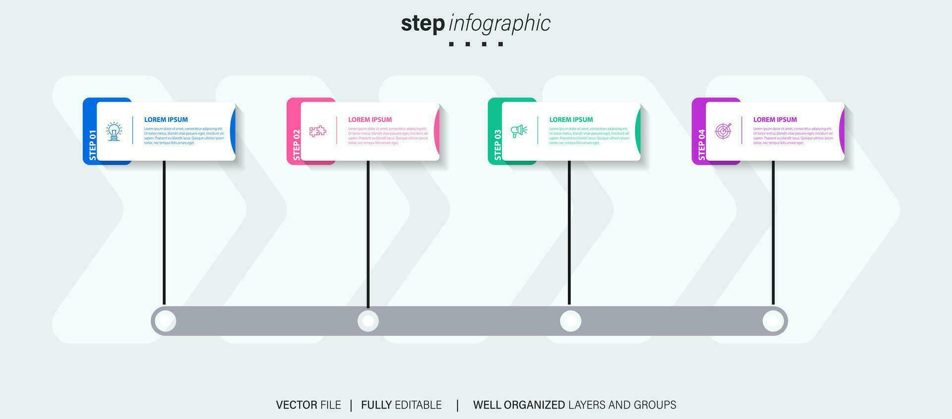 abstrakt Geschäft gerundet Infografik Vorlage mit 4 Optionen. bunt Diagramm, Zeitleiste und Zeitplan isoliert auf Licht Hintergrund. vektor