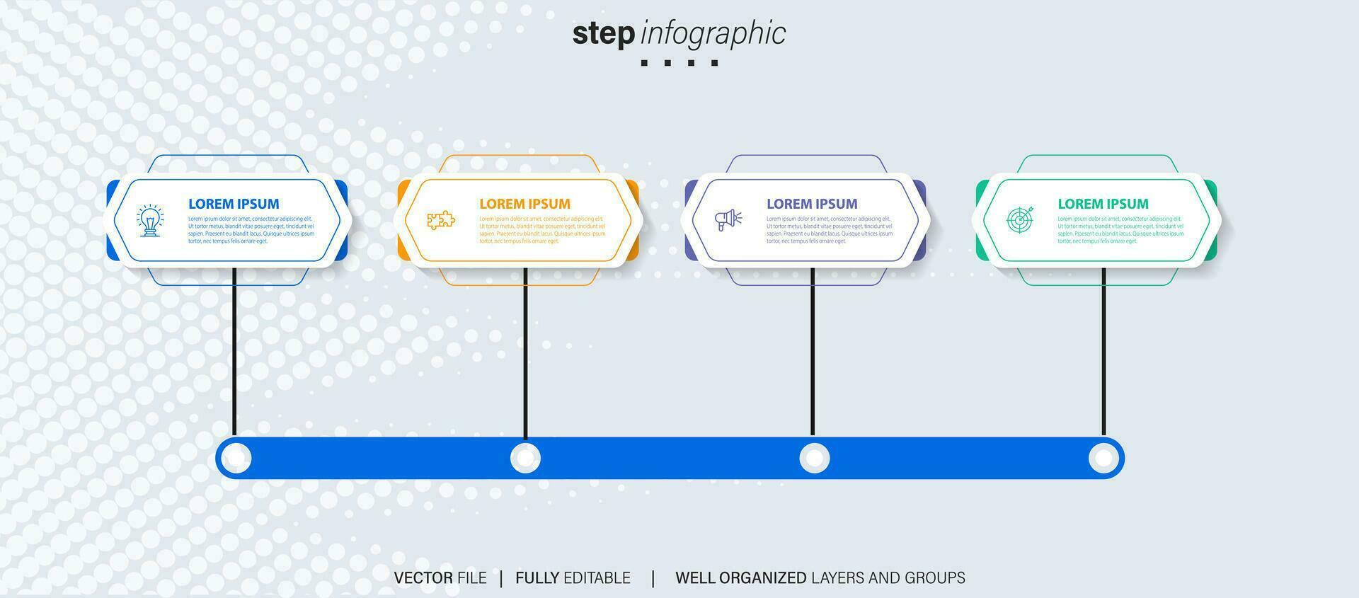 Zeitleiste Infografik dünn Linie Design mit Symbole. Vorlage zum Graph, Diagramm, Präsentationen. Geschäft Konzept mit 4 Optionen. Vektor Illustration.