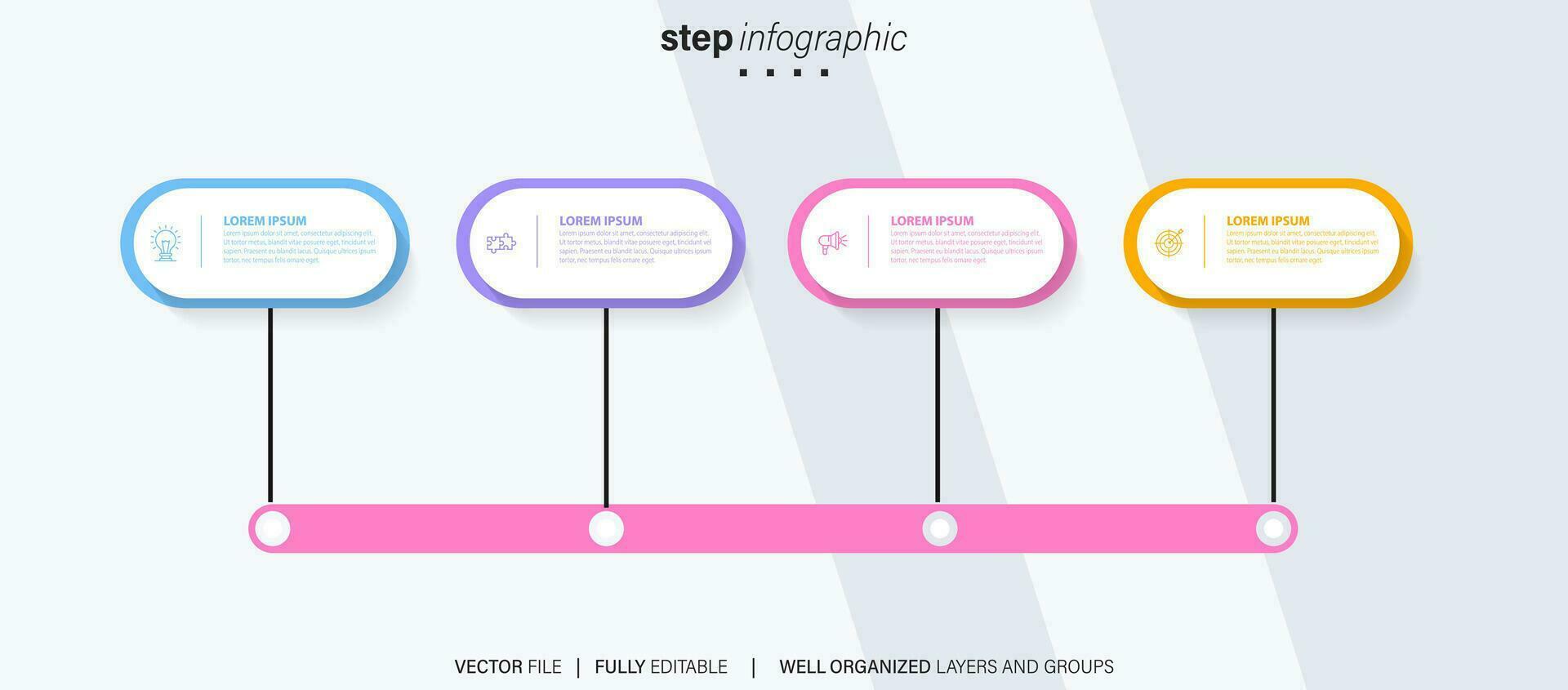 tidslinje infographic med infodiagram. modern presentation mall med 4 spets för företag bearbeta. hemsida mall på vit bakgrund för begrepp modern design. horisontell layout. vektor