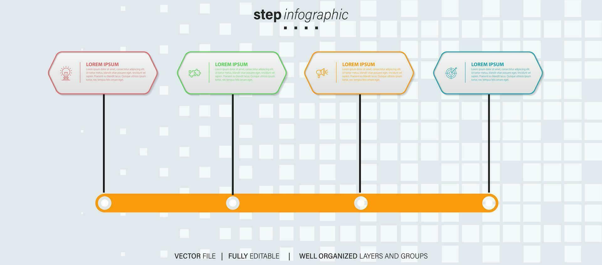 Zeitleiste Infografik mit Infodiagramm. modern Präsentation Vorlage mit 4 spets zum Geschäft Verfahren. Webseite Vorlage auf Weiß Hintergrund zum Konzept modern Design. horizontal Layout. vektor