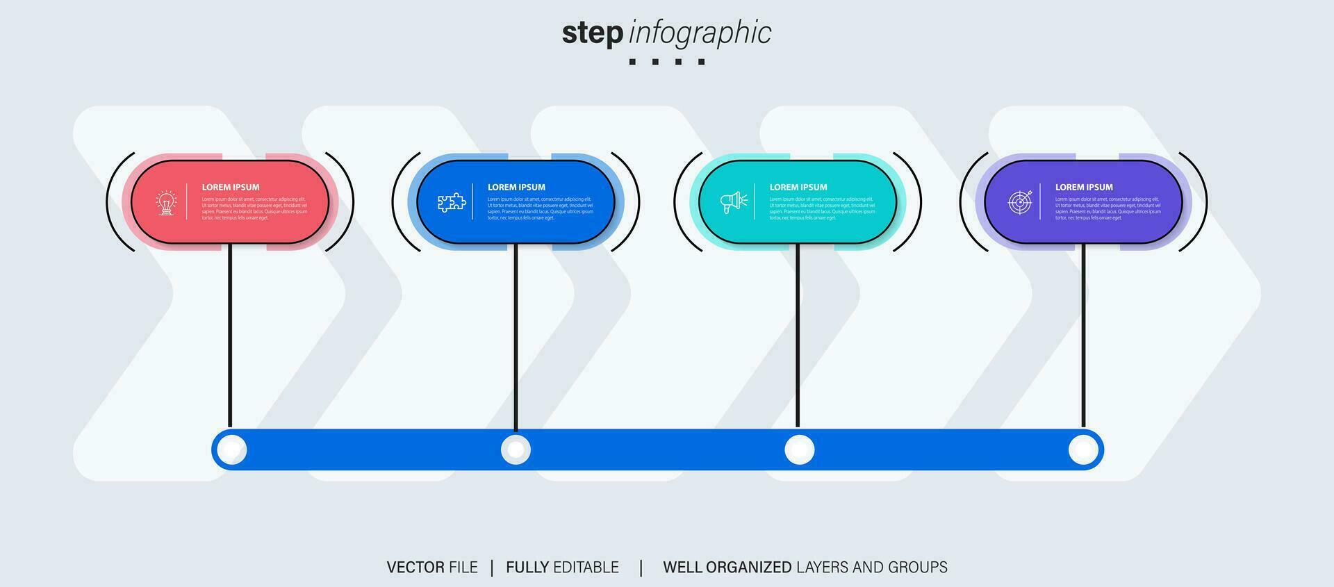 tidslinje infographic med infodiagram. modern presentation mall med 4 spets för företag bearbeta. hemsida mall på vit bakgrund för begrepp modern design. horisontell layout. vektor