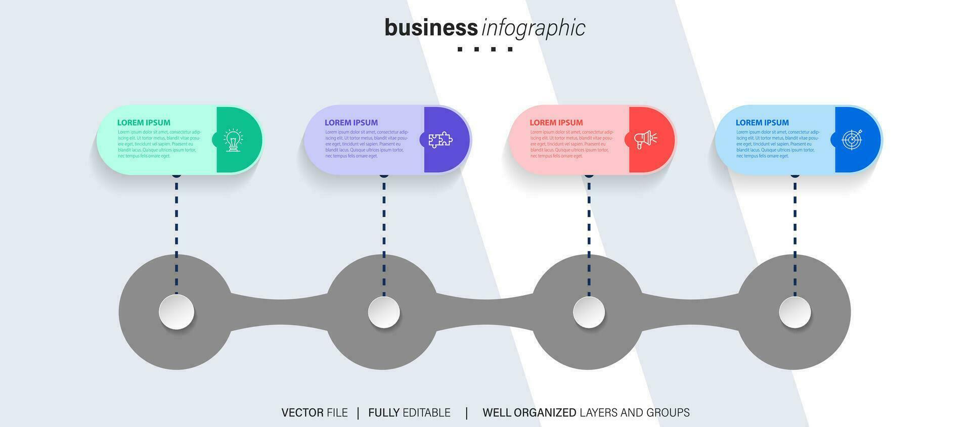 tidslinje infographic med infodiagram. modern presentation mall med 4 spets för företag bearbeta. hemsida mall på vit bakgrund för begrepp modern design. horisontell layout. vektor