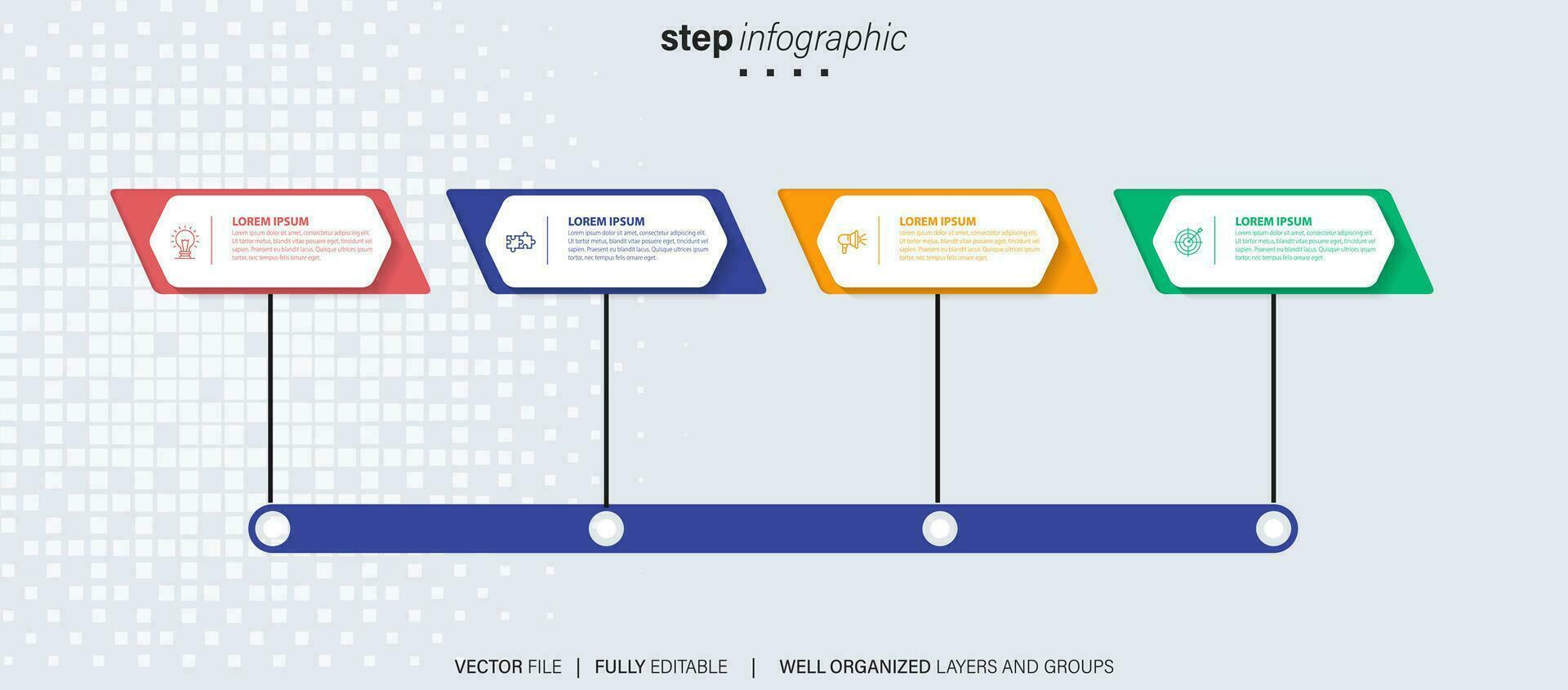 Zeitleiste Infografik mit Infodiagramm. modern Präsentation Vorlage mit 4 spets zum Geschäft Verfahren. Webseite Vorlage auf Weiß Hintergrund zum Konzept modern Design. horizontal Layout. vektor