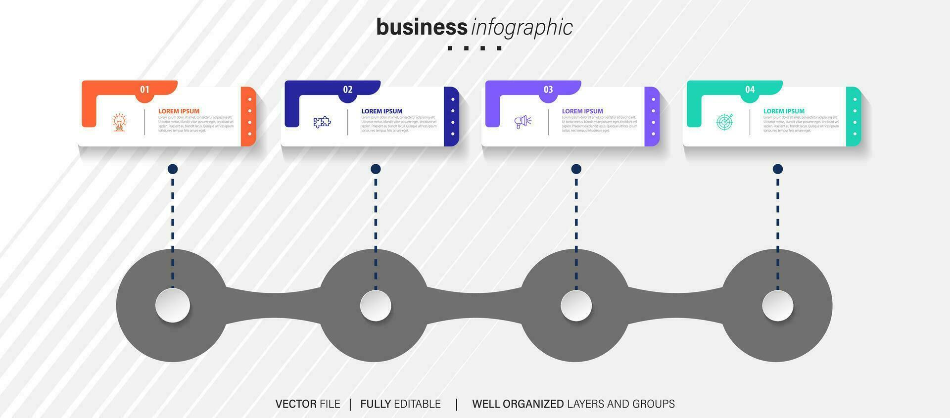 business infographic mall. tunn linje designetikett med ikon och 4 alternativ, steg eller processer. vektor