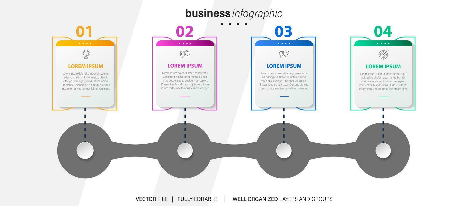 Business-Infografik-Vorlage. Etikett mit dünner Linie und Symbol und 4 Optionen, Schritten oder Prozessen. vektor