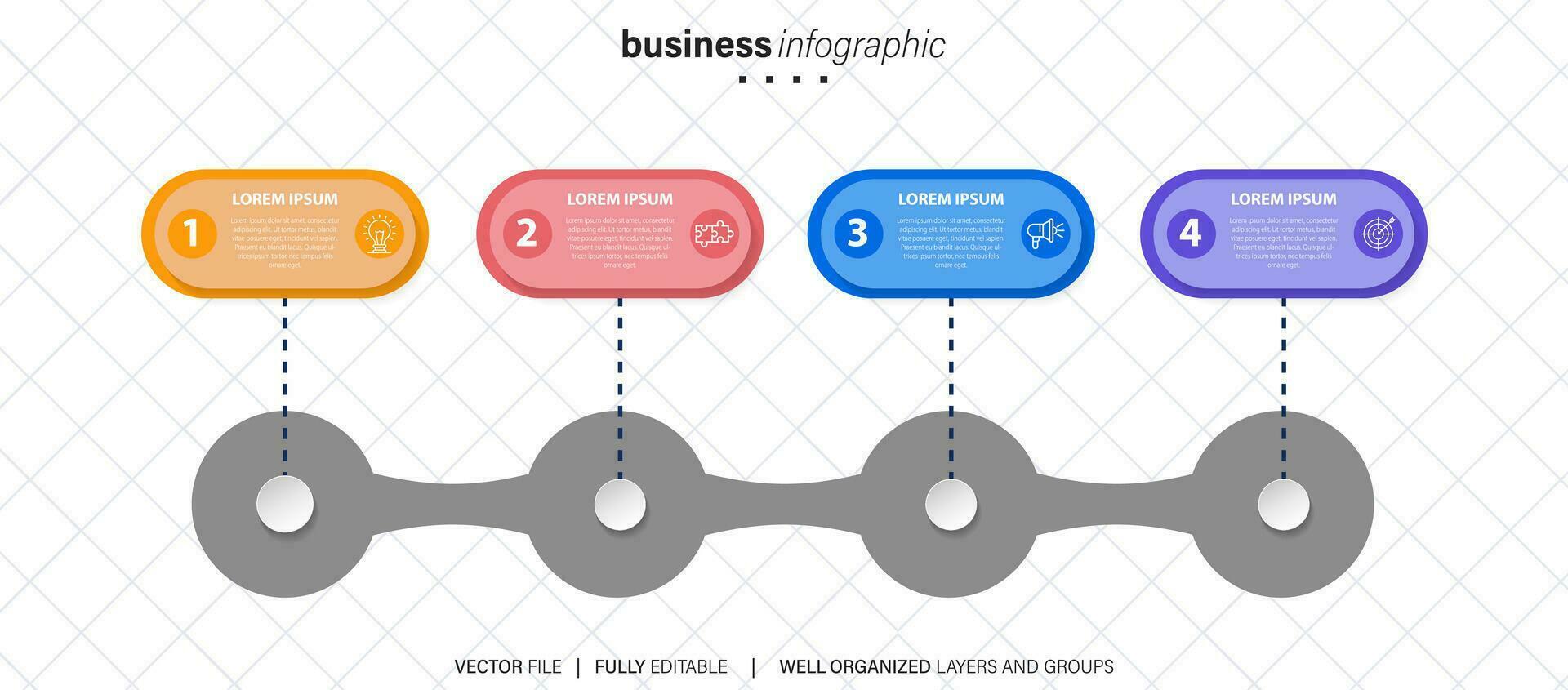 Zeitleiste Infografik mit Infodiagramm. modern Präsentation Vorlage mit 4 spets zum Geschäft Verfahren. Webseite Vorlage auf Weiß Hintergrund zum Konzept modern Design. horizontal Layout. vektor