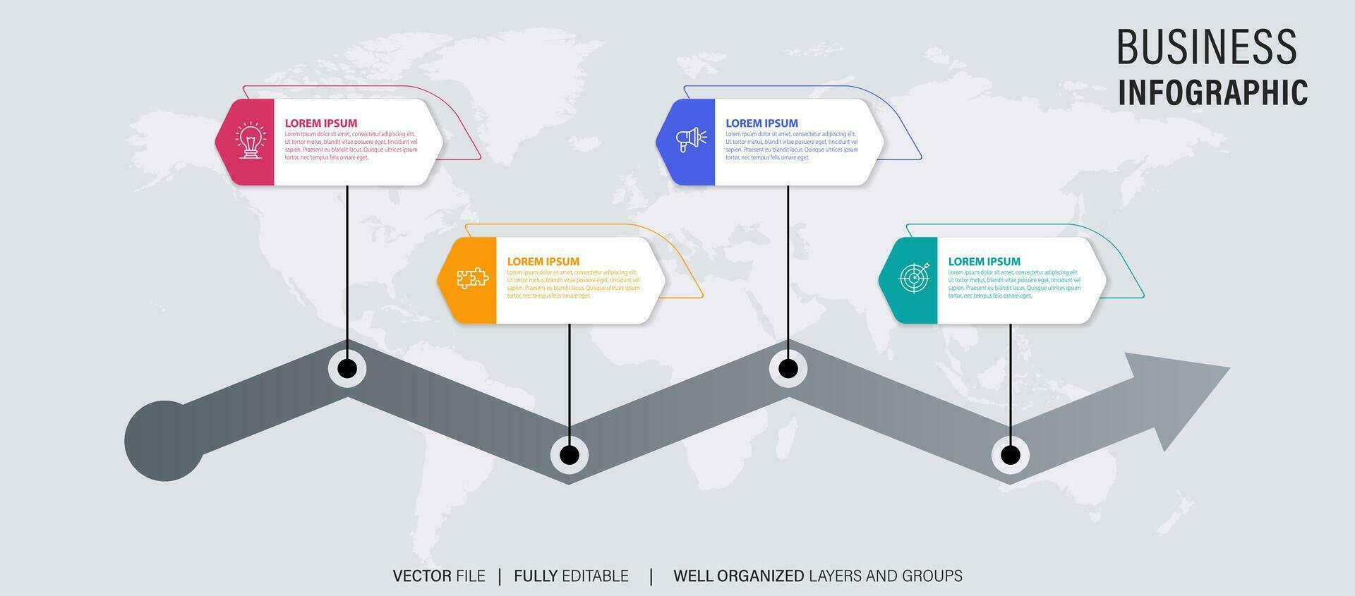 Zeitleiste Infografik mit Infodiagramm. modern Präsentation Vorlage mit 4 spets zum Geschäft Verfahren. Webseite Vorlage auf Weiß Hintergrund zum Konzept modern Design. horizontal Layout. vektor