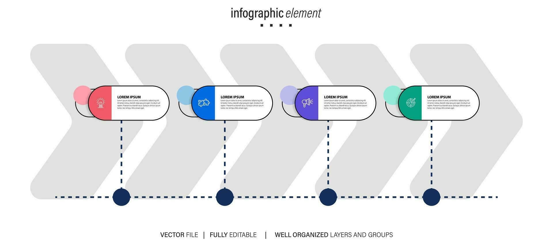 Zeitleiste Infografik mit Infodiagramm. modern Präsentation Vorlage mit 4 spets zum Geschäft Verfahren. Webseite Vorlage auf Weiß Hintergrund zum Konzept modern Design. horizontal Layout. vektor