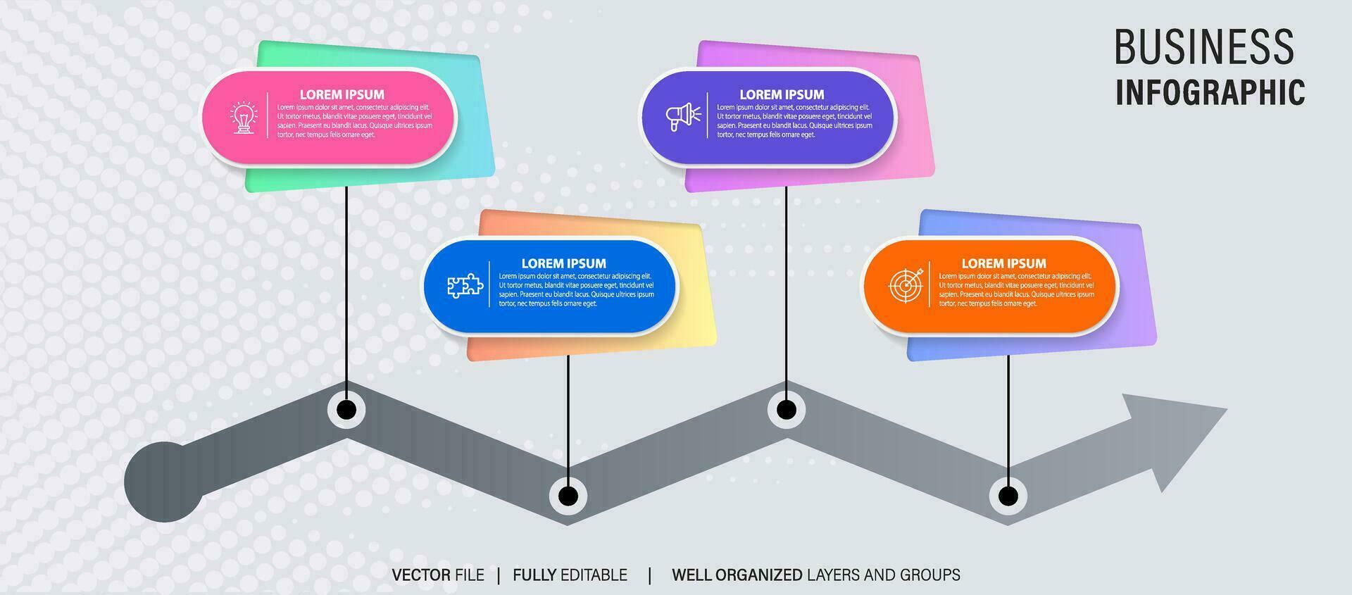 Zeitleiste Infografik mit Infodiagramm. modern Präsentation Vorlage mit 4 spets zum Geschäft Verfahren. Webseite Vorlage auf Weiß Hintergrund zum Konzept modern Design. horizontal Layout. vektor