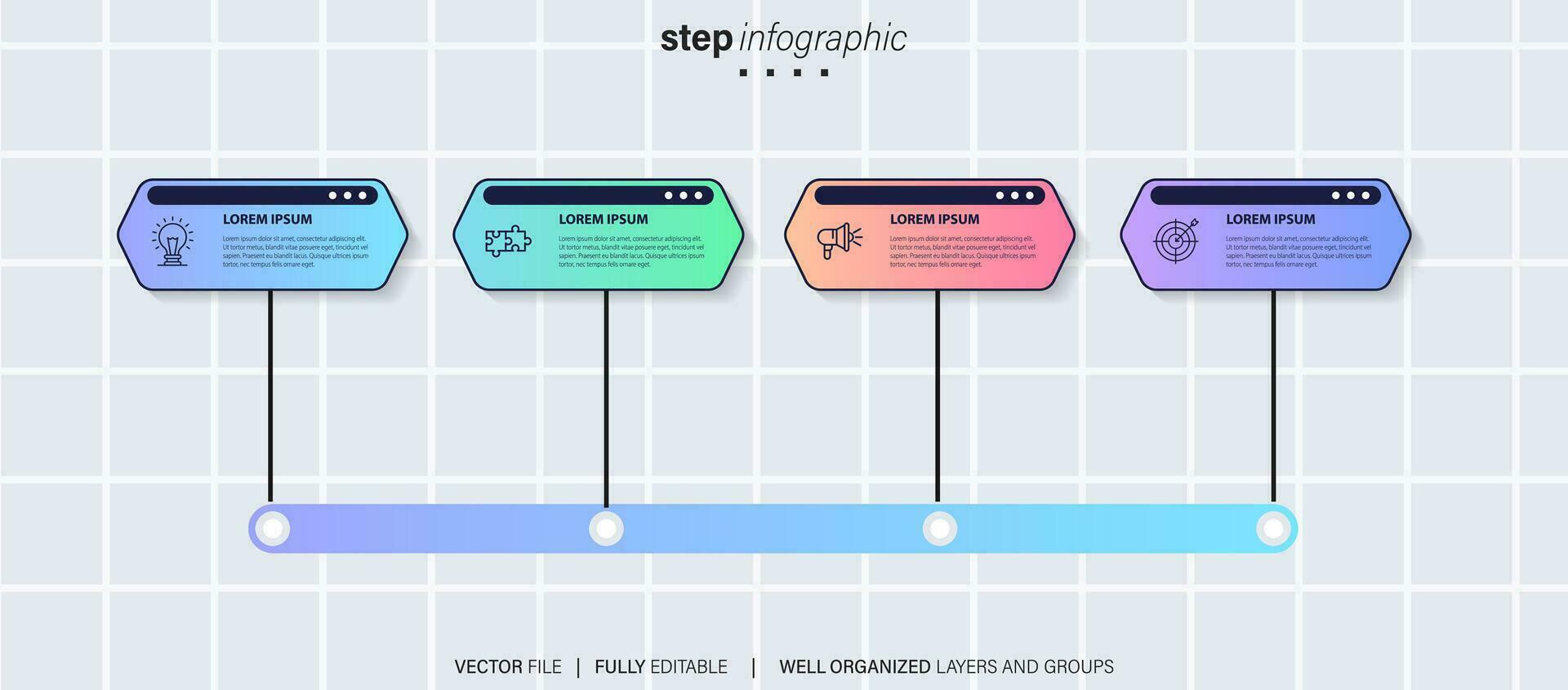 tidslinje infographic med infodiagram. modern presentation mall med 4 spets för företag bearbeta. hemsida mall på vit bakgrund för begrepp modern design. horisontell layout. vektor