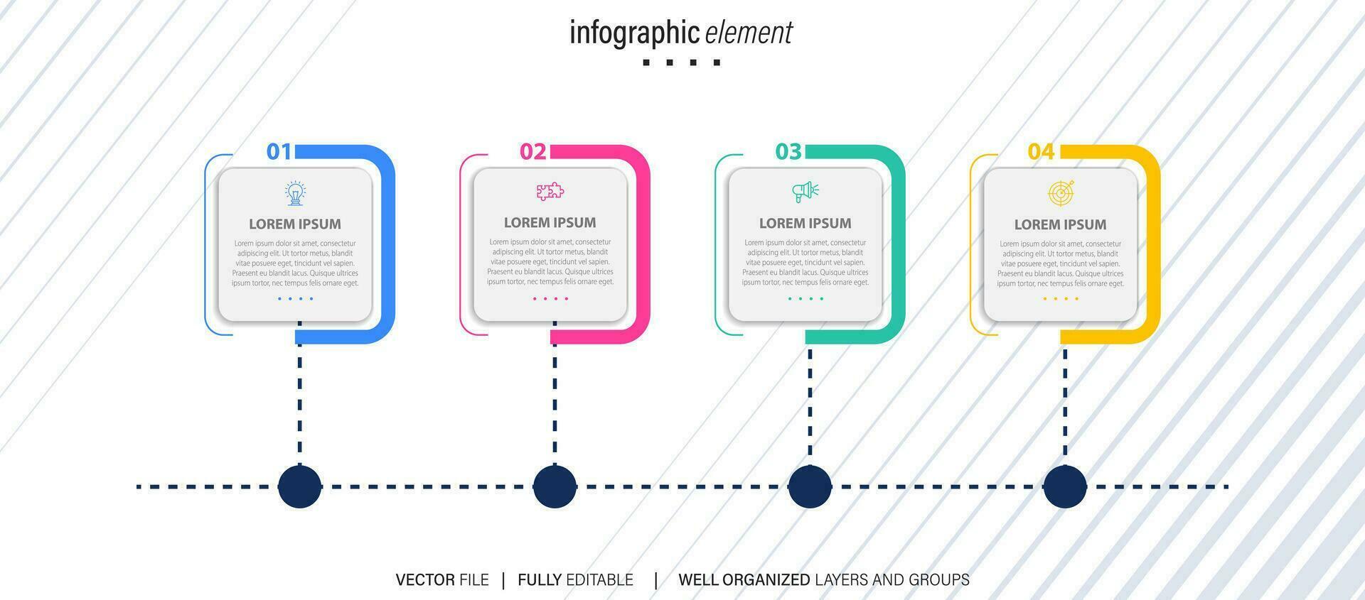 Vektor Infografik Vorlage mit Etikett, integriert Taste. Geschäft Konzept mit 4 Optionen. zum Inhalt, Diagramm, Flussdiagramm, Schritte, Teile, Zeitleiste Infografiken, Arbeitsablauf, Diagramm.