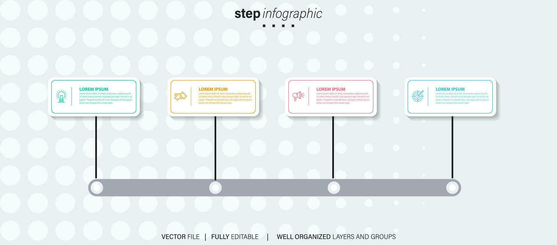 Vektor Infografik eben Vorlage Kreise zum vier Etikett, Diagramm, Graph, Präsentation. Geschäft Konzept mit 4 Optionen. zum Inhalt, Flussdiagramm, Schritte, Zeitleiste, Arbeitsablauf, Marketing. eps10