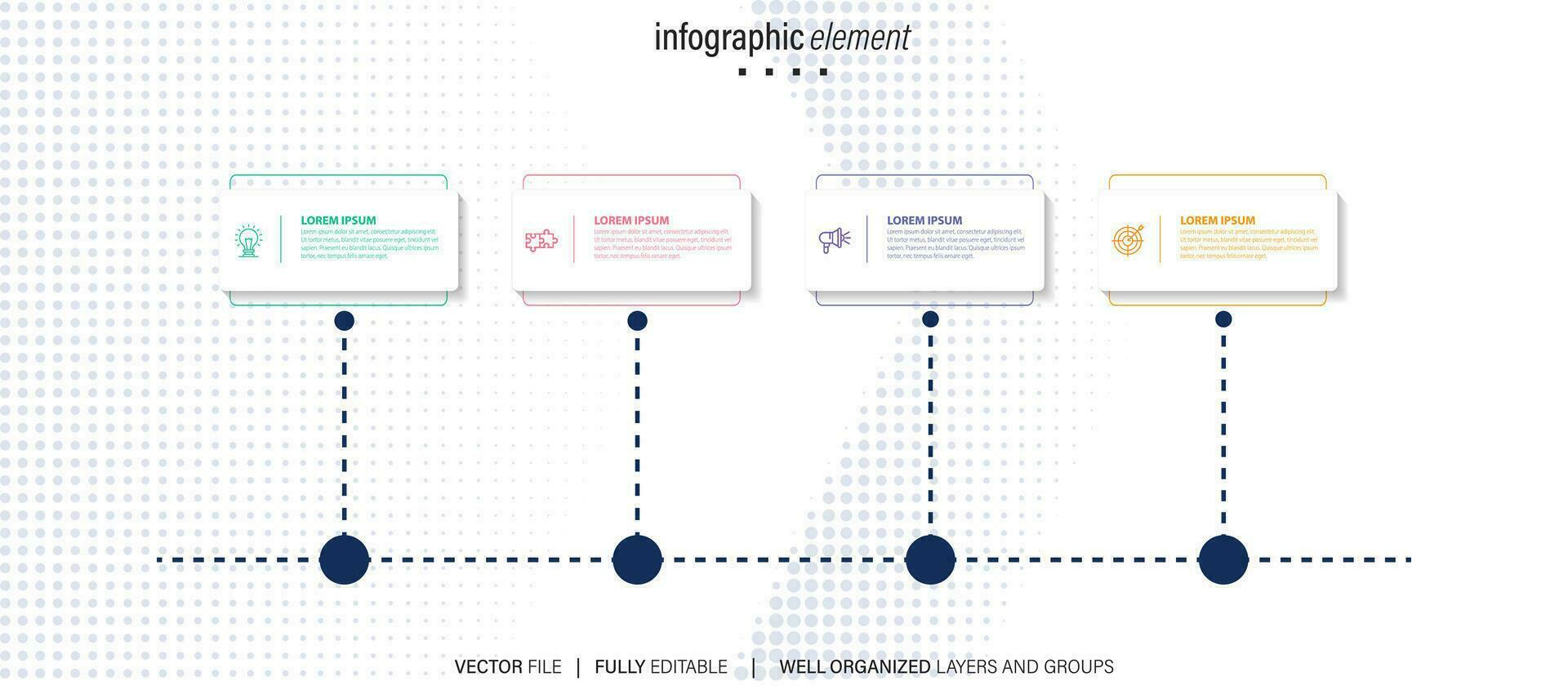 Vektor Infografik Vorlage mit Etikett, integriert Taste. Geschäft Konzept mit 4 Optionen. zum Inhalt, Diagramm, Flussdiagramm, Schritte, Teile, Zeitleiste Infografiken, Arbeitsablauf, Diagramm.