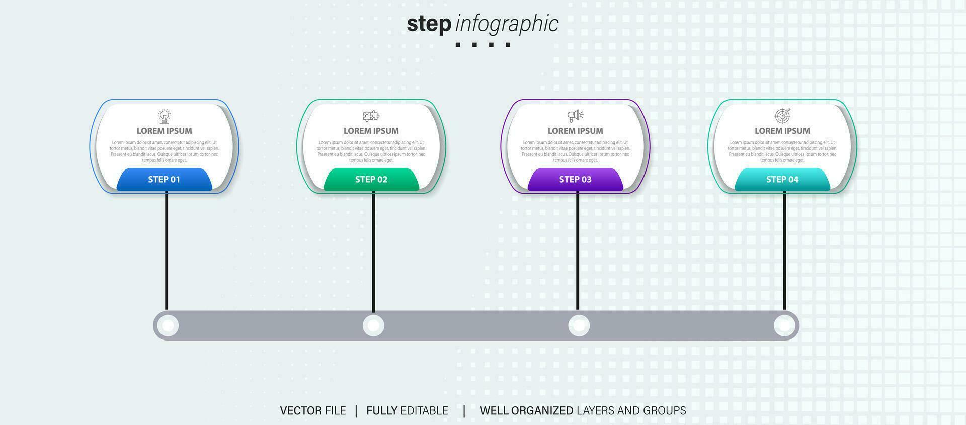 Vektor Infografik eben Vorlage Kreise zum vier Etikett, Diagramm, Graph, Präsentation. Geschäft Konzept mit 4 Optionen. zum Inhalt, Flussdiagramm, Schritte, Zeitleiste, Arbeitsablauf, Marketing. eps10
