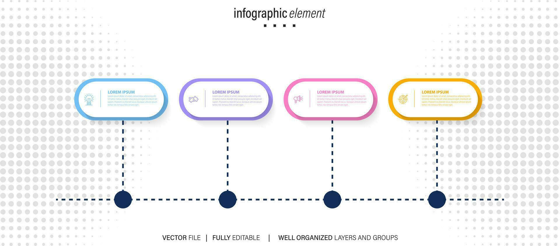 Zeitleiste Infografik mit Infodiagramm. modern Präsentation Vorlage mit 4 spets zum Geschäft Verfahren. Webseite Vorlage auf Weiß Hintergrund zum Konzept modern Design. horizontal Layout. vektor