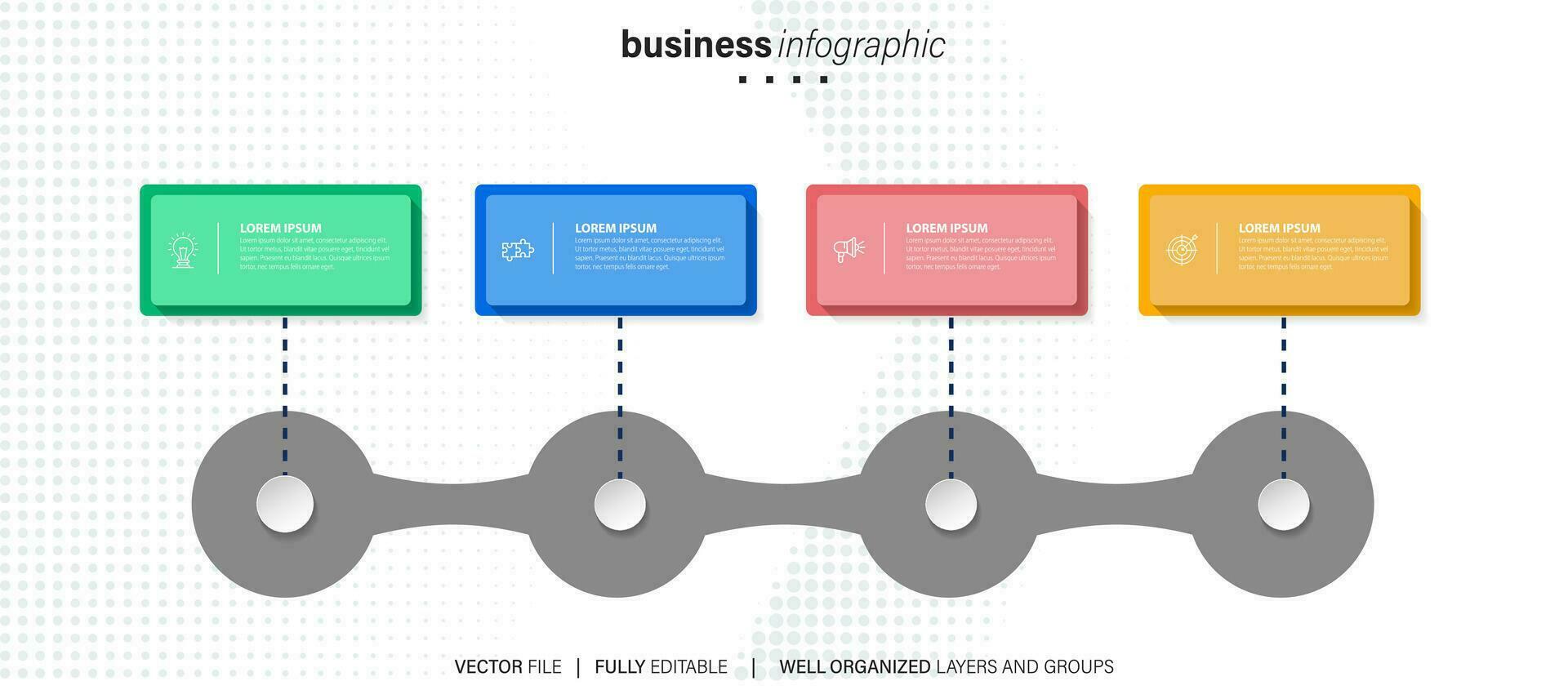 infographics design mall, företag begrepp med 4 steg eller alternativ, kan vara Begagnade för arbetsflöde layout, diagram, årlig Rapportera, webb design.kreativ baner, märka vektor. vektor