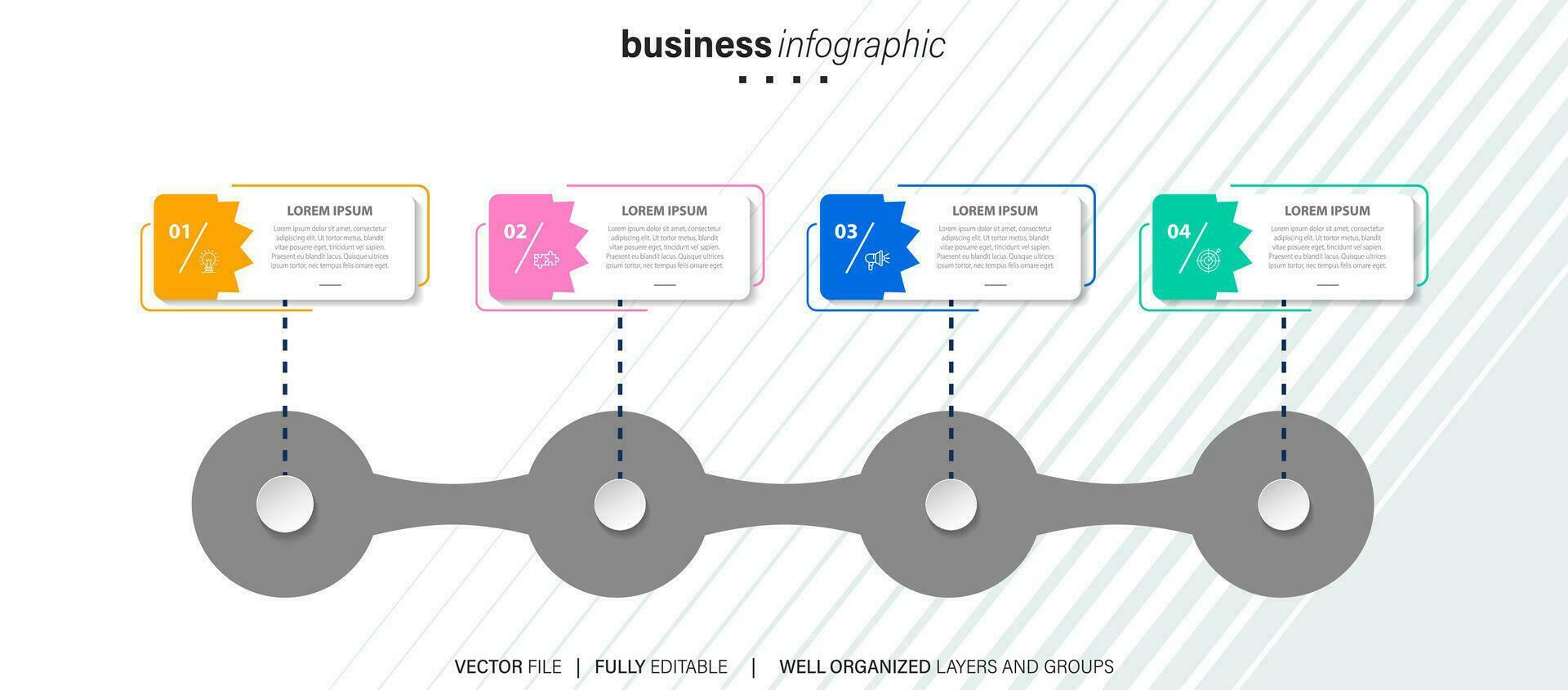 företag infographics mall.tidslinje med 4 steg, cirklar, alternativ och marknadsföring ikoner. vektor linjär infographic element.