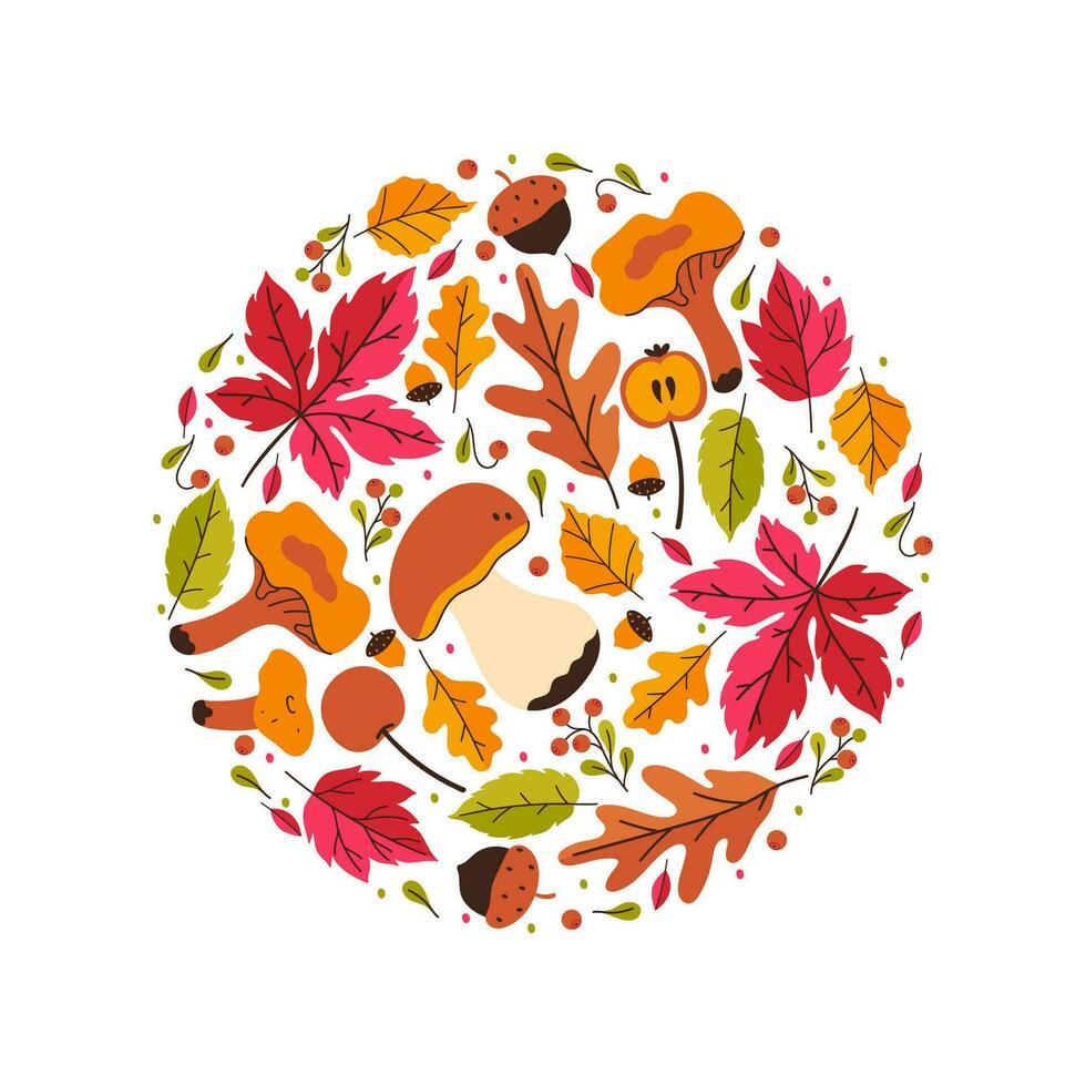 runden Komposition von Herbst Blätter, Pilze und Beeren isolieren auf ein Weiß Hintergrund. Vektor Grafik.