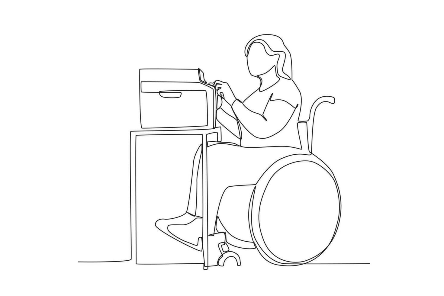 Single kontinuierlich Linie Zeichnung von ein Frau im Rollstuhl Drucken Dateien vektor