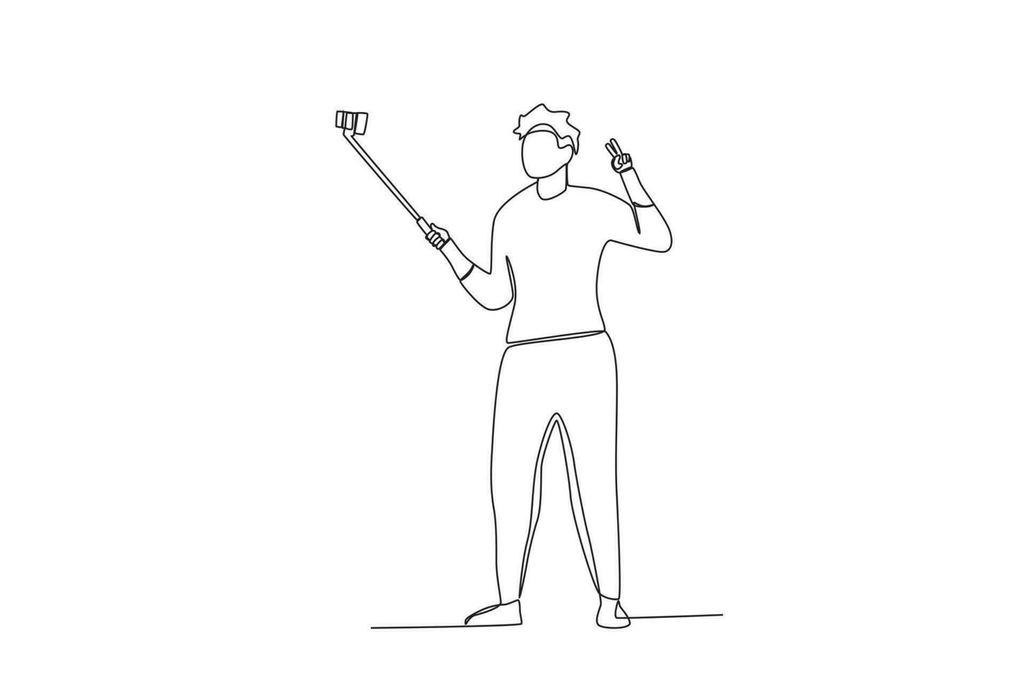 ett kontinuerlig linje teckning av en manlig vloggers använda sig av mobil telefoner och selfie pinnar till göra vloggar vektor