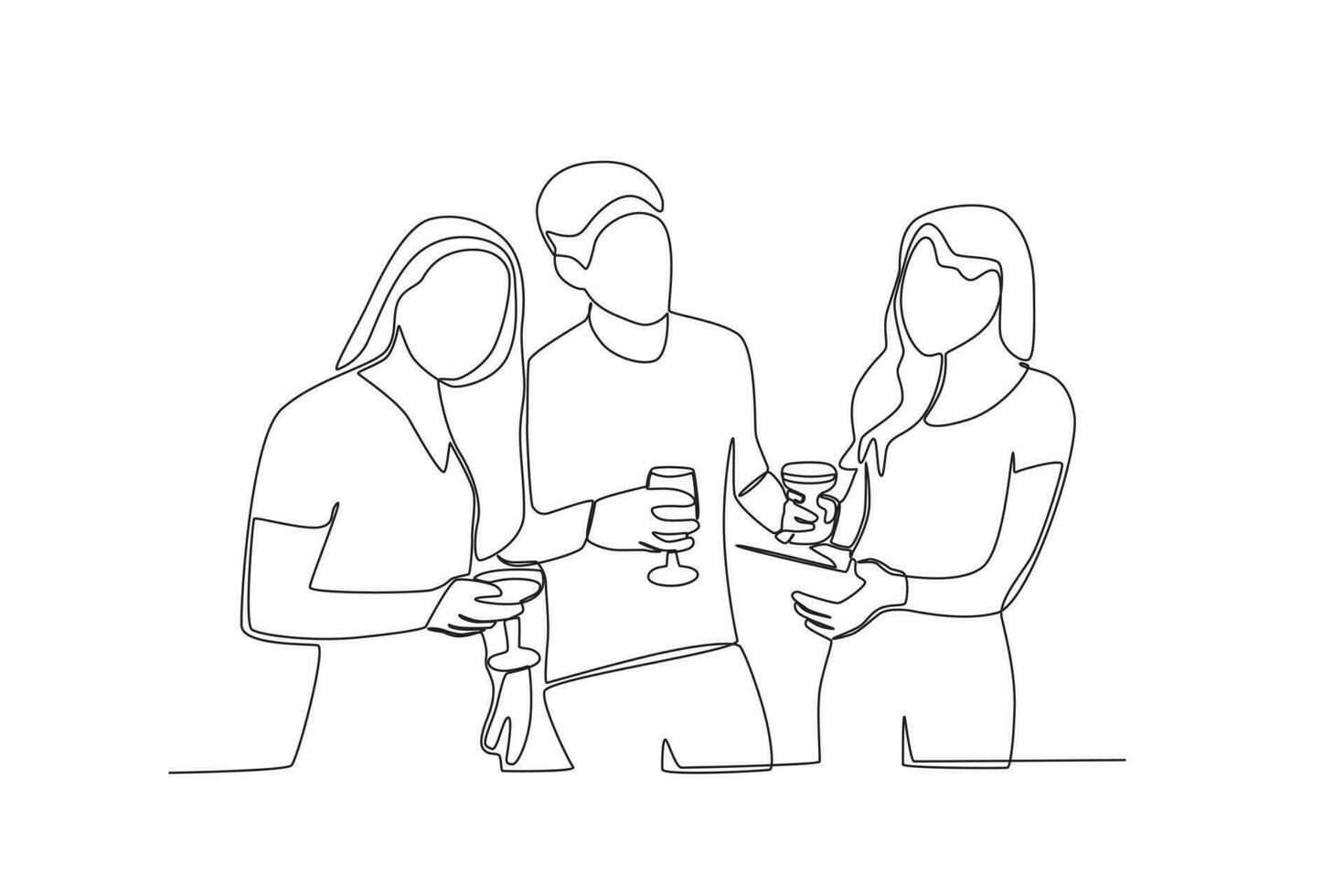 ett kontinuerlig linje teckning av tre vänner diskuterar över stunder när de fick tillsammans vektor