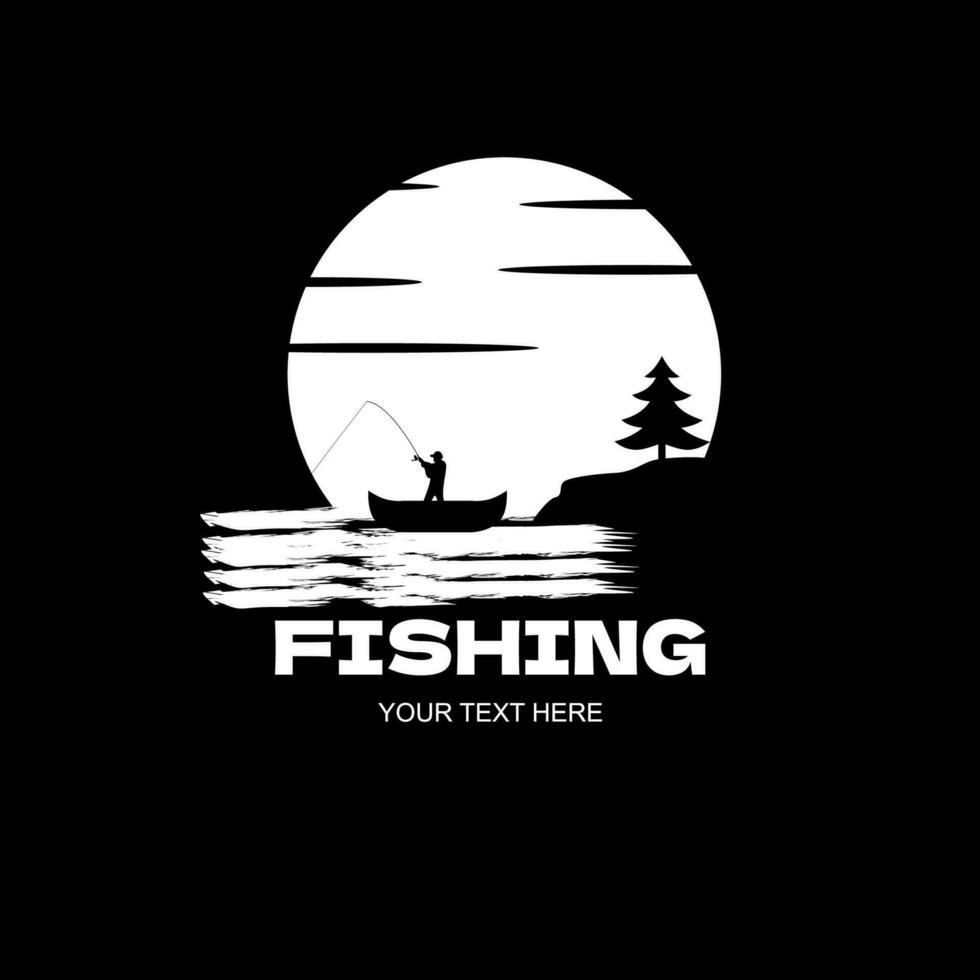fiske logotyp. logotyp av ett fiskare under de månsken, svart bakgrund, vektor illustration