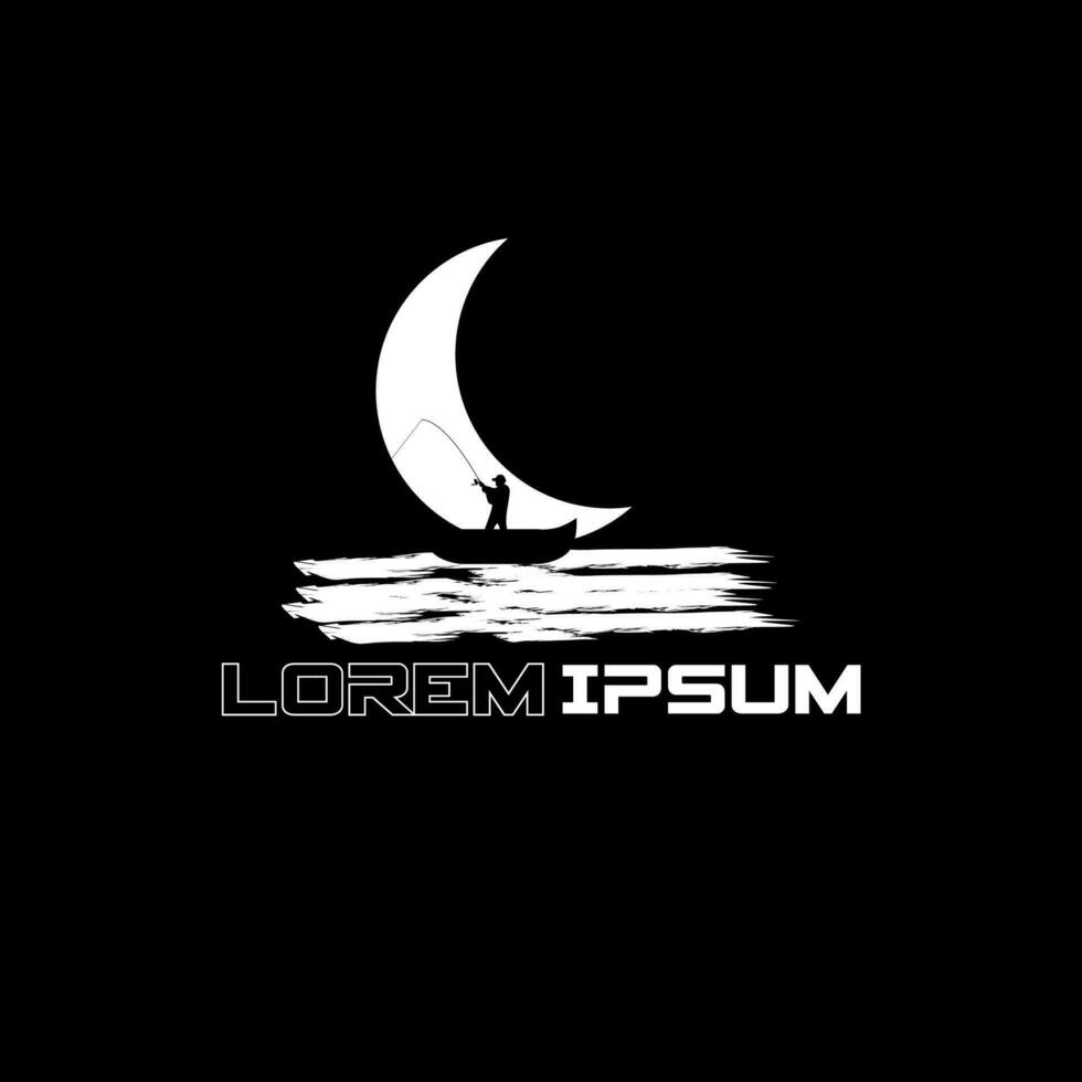 Angeln Logo .Logo von ein Fischer unter das Halbmond Mond, schwarz Hintergrund geeignet zum ein Turnier Logo oder Plakat, Vektor Illustration