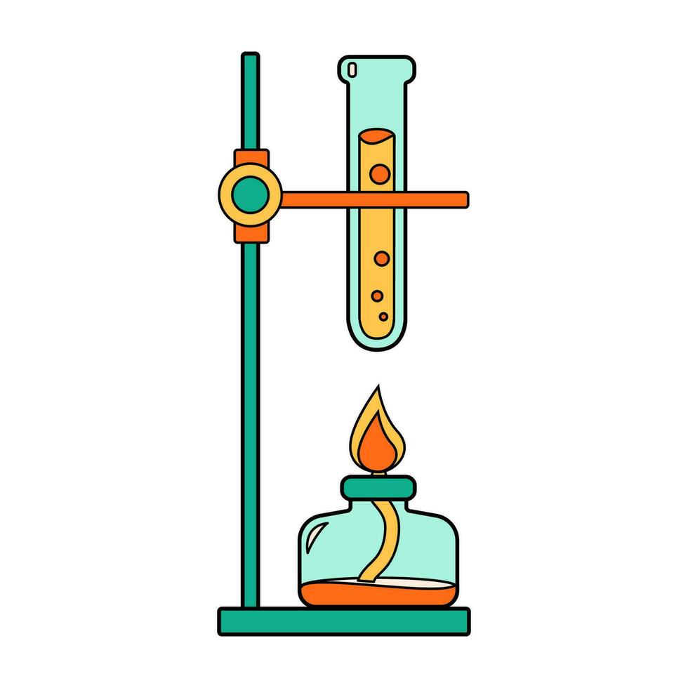 vetenskap skola kemisk kuggstång testa rör och alkohol brännare ikon. kemi och biologi utbildning laboratorium tecknad serie flaska. djärv ljus labb Utrustning. vektor illustration isolerat på vit.