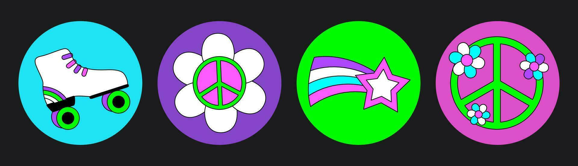häftig hippie cirkel klistermärke 70s uppsättning. rolig tecknad serie ljus neon färger - blomma, kärlek, regnbåge, fred, hjärta, tusensköna, svamp, öga. psychedelic packa i trendig retro stil. isolerat vektor. vektor