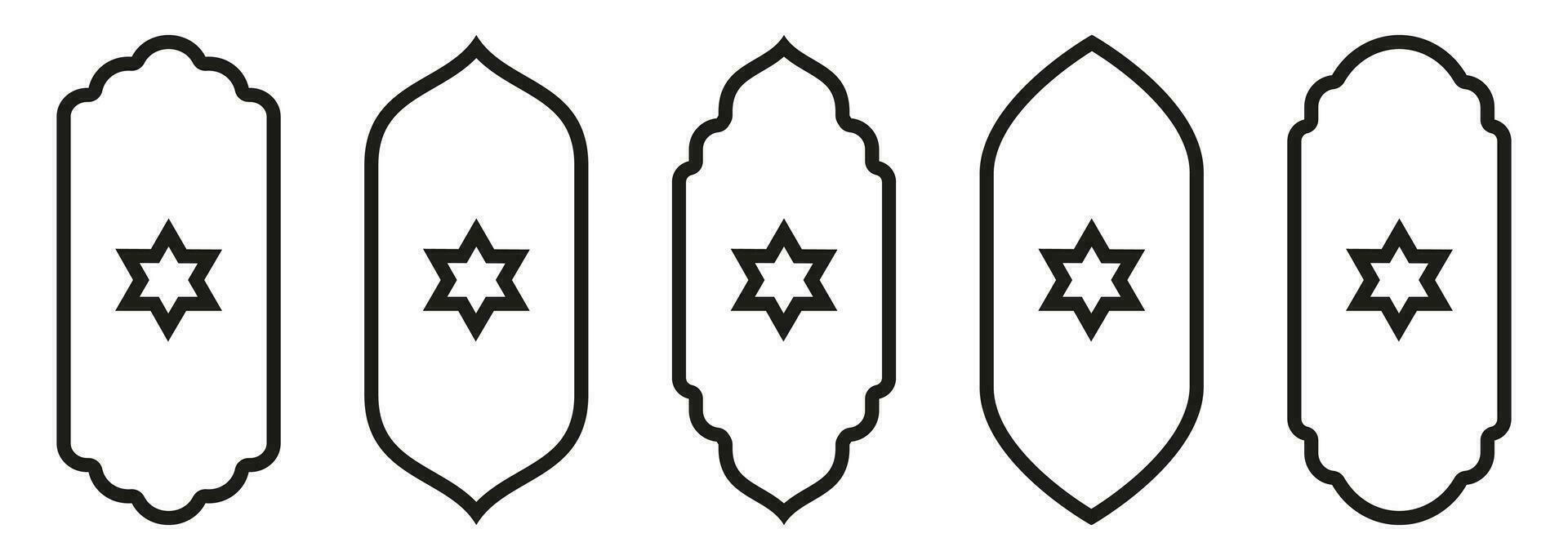 form islamic dörr och fönster silhuett arabicum båge med symboler . samling av mönster i orientalisk stil. ramar i arabicum muslim för ramadan kareem. vektor moské Port stroke isolerat på vit.