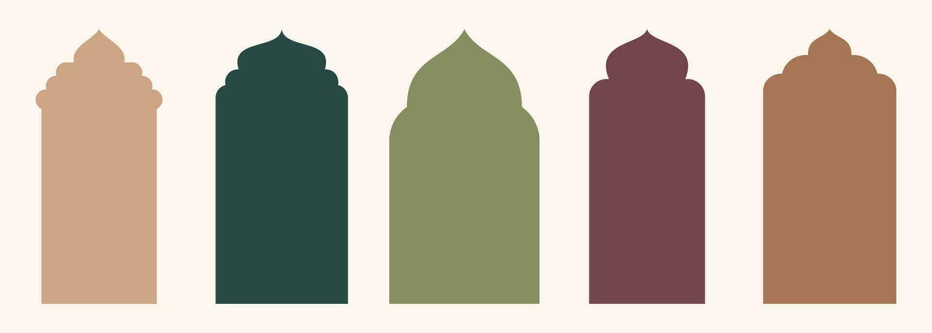gestalten islamisch Tür und Fenster Silhouette Arabisch Bogen. Sammlung von Muster im orientalisch Stil. Frames im Arabisch Muslim Design zum Ramadan karem. Vektor Moschee Tor gestalten isoliert auf Weiß