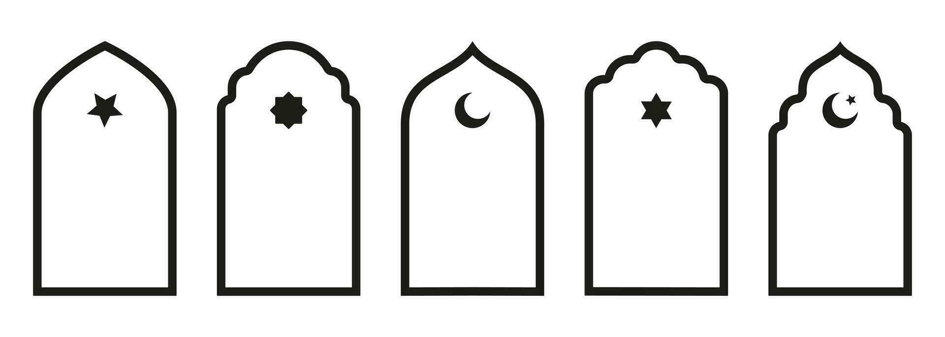 gestalten islamisch Tür und Fenster Silhouette Arabisch Bogen mit Symbole . Sammlung von Muster im orientalisch Stil. Frames im Arabisch Muslim zum Ramadan karem. Vektor Moschee Tor Schlaganfall isoliert auf Weiß.