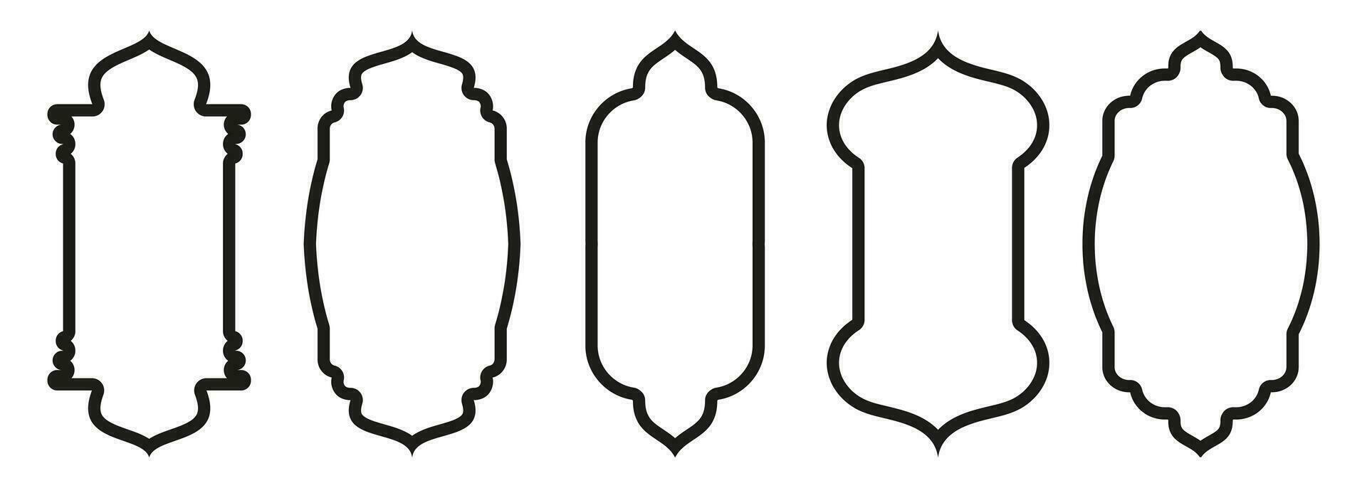gestalten islamisch Tür und Fenster Silhouette Arabisch Bogen. Sammlung von Muster im orientalisch Stil. Frames im Arabisch Muslim Design zum Ramadan karem. Vektor Moschee Tor Schlaganfall isoliert auf Weiß