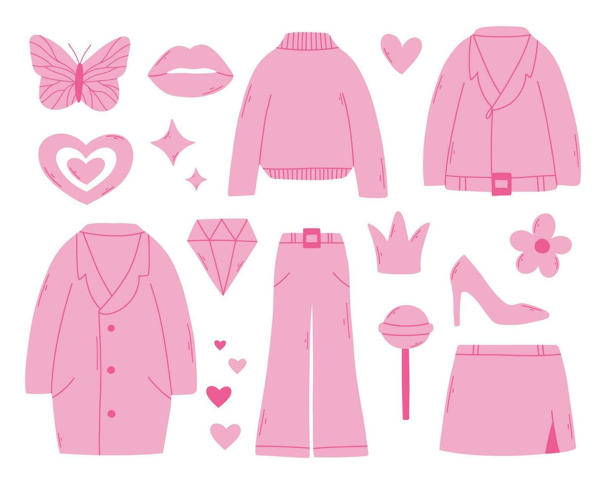 barbiecore uppsättning. rosa trendig uppsättning, rosa docka estetisk Tillbehör och Kläder. vektor illustration