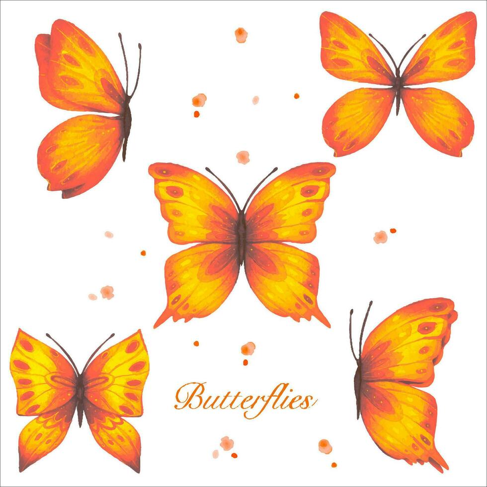 einstellen mit abstrakt Schmetterlinge im Orange und Gelb Töne, Aquarell. vektor