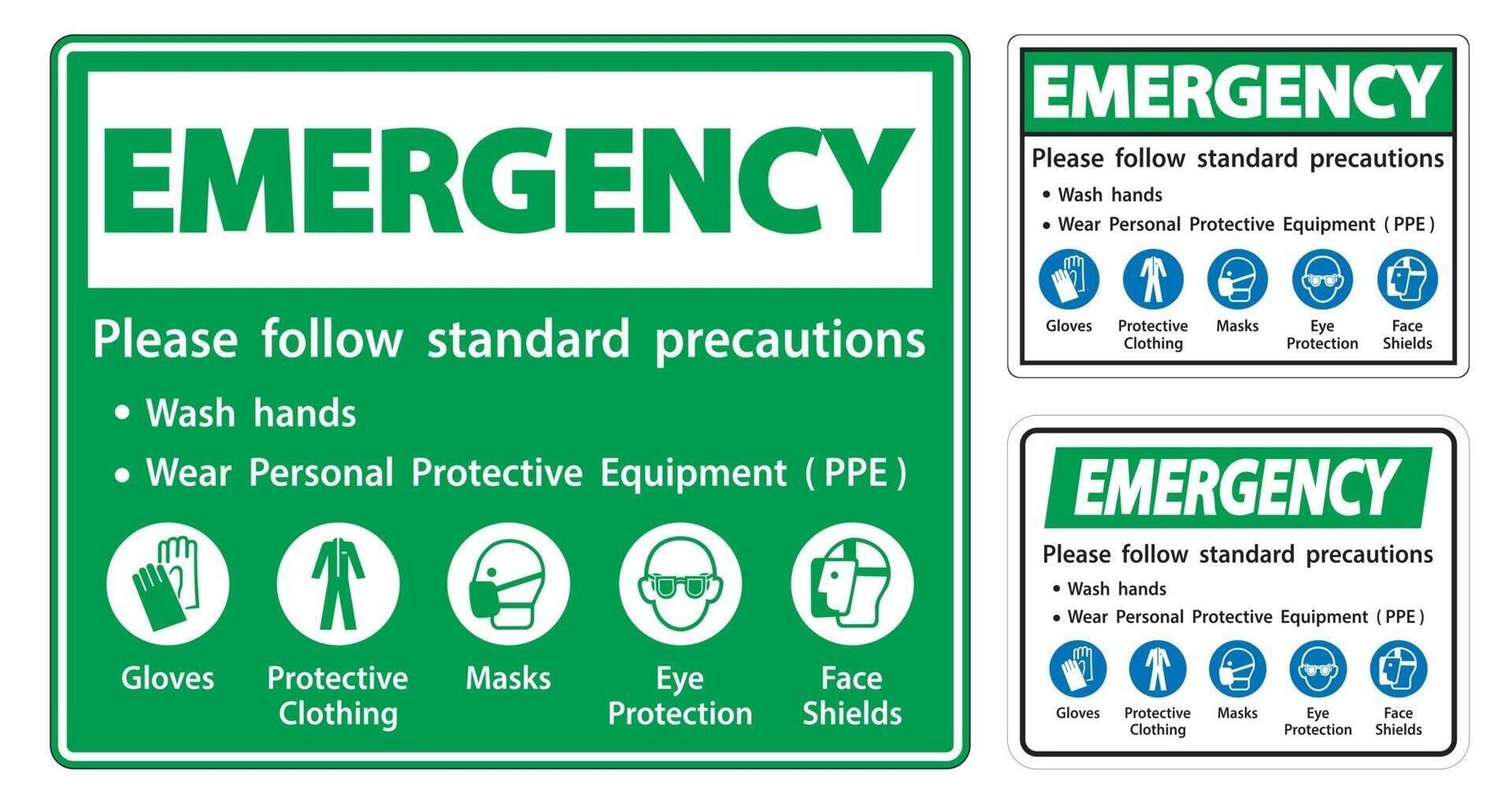 vid nödsituationer följ vanliga försiktighetsåtgärder, tvätta händerna, använd personlig skyddsutrustning ppe, handskar skyddskläder masker ögonskydd ansiktsskydd vektor