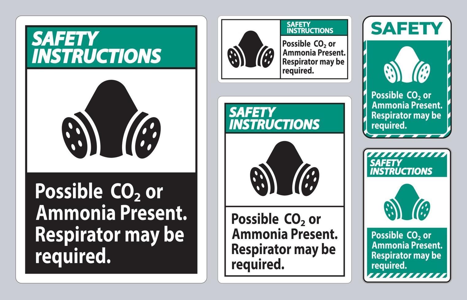 säkerhetsinstruktioner ppe tecken möjlig co2 eller ammoniak närvarande, andningsskydd kan krävas vektor