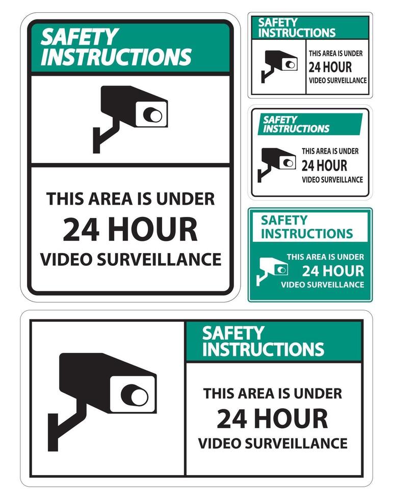 Sicherheitshinweise Dieser Bereich ist unter 24-Stunden-Videoüberwachungssymbolzeichen isoliert auf weißem Hintergrund, Vektorillustration vektor