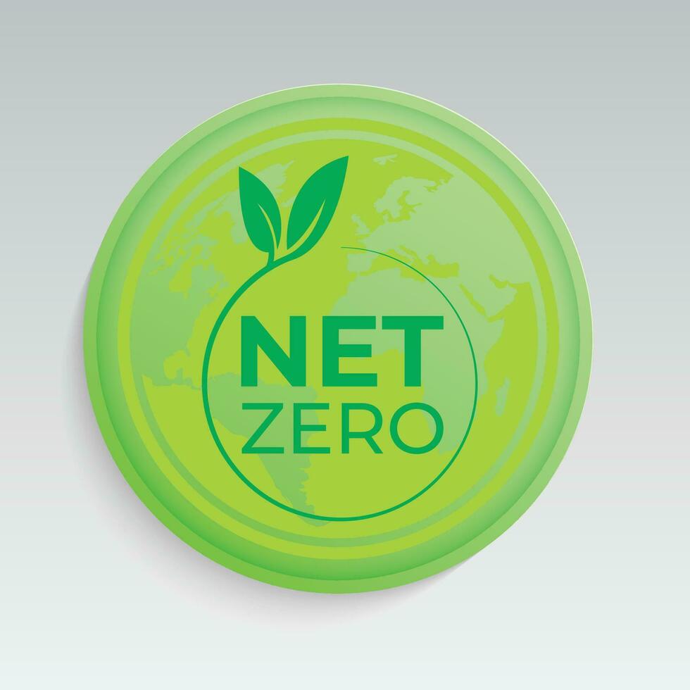 Netz Null Symbol, co2 Netto-Null Emission, Kohlenstoff neutral Konzept mit Welt Karte. Lager Vektor
